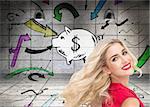 Composite image of blonde woman tossing her hair standing in room with illustrations on wall