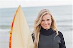 Portrait of a smiling young woman in wet suit holding surfboard at beach
