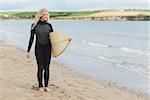 Full length of a beautiful young woman in wet suit holding surfboard at the beach