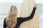 Rear view of a young blond in wet suit with surfboard at the beach