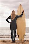 Full length rear view of a young blond in wet suit with surfboard at the beach