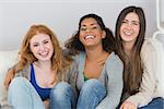 Portrait of cheerful young female friends sitting on sofa at home