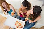 Overhead view of happy young female friends eating pizza with wine on sofa at home