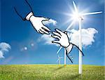 Two hands graphic on bright countryside with wind turbines