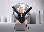 Composite image of attractive blonde businesswoman sitting in front of laptop with arms up