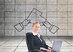 Composite image of attractive blonde businesswoman sitting in swivel chair with laptop