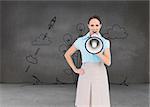 Composite image of furious classy businesswoman talking in megaphone while posing