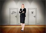 Composite image of a confident businesswoman with folded arms