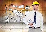 Composite image of young architect posing with hard hat and plan