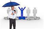 Composite image of happy mature businessman holding umbrella