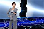 Composite image of attractive businesswoman holding tablet pc