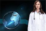 Composite image of happy brunette doctor looking at camera