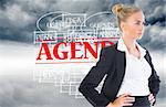 Composite image of blonde businesswoman standing with hands on hips