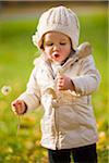 Portrait of Baby Girl with Dandelion in Autumn, Scanlon Creek Conservation Area, Ontario, Canada