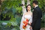 Portrait of bride and groom standing outdoors next to trees in public garden, smiling and looking at each other, in Autumn, Ontario, Canada