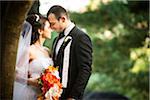 Portrait of bride and groom standing outdoors next to trees in public garden, face to face and smiling, in Autumn, Ontario, Canada