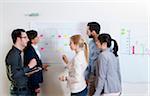 Group of young business people and businesswoman in discussion in office, using whiteboard, Germany