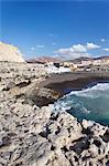 View from the limestone terraces to the fishing village, Ajuy, Fuerteventura, Canary Islands, Spain, Atlantic, Europe