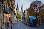 New public transport ttram system by St Andre Cathedral, Bordeaux, France.