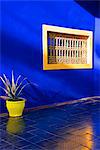 Detail of blue house and yellow plant pot in Majorelle Garden, Marrakech, Morocco, North Africa, Africa