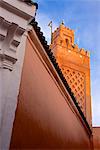 Detail of entrance of Khosta Mosque, and minaret, Medina, Marrakech, Morocco, North Africa, Africa