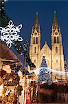 Christmas market and neo-gothic Church of St. Ludmila, Mir Square, Prague, Czech Republic, Europe