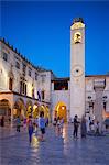 Clock tower at dusk, Stradun, UNESCO World Heritage Site, Dubrovnik, Dalmatian Coast, Dalmatia, Croatia, Europe