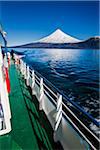 Close-up of tour boat on Cruce Andino, looking toward Osorno Volcano, Lake Todos los Santos, Parque Nacional Vicente Perez Rosales, Patagonia, Chile