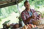 A farm stand with fresh organic vegetables and fruit. A man sorting beetroot in a basket.