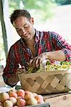 A farm stand with fresh organic vegetables and fruit. A man sorting beans in a basket.