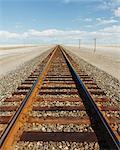 A railroad extending through the desert, near Wendover in Utah.