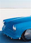 The bright blue bonnet of a custom race car at Speed Week on the Bonneville Salt Flats, in Utah.