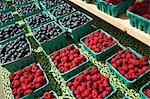 A farm stand, with displays of punnets of fresh berry fruits. Raspberries and blueberries.