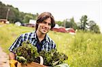 A man carrying a basket full of fresh picked organic vegetables, working on an organic farm.