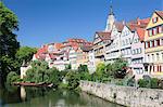 Old town with Holderlinturm tower Stiftskirche church reflecting in the River Neckar, Tubingen, Baden Wurttemberg, Germany, Europe