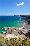 View along the cliffs of Cap Frehel to the lighthouse, Cotes d'Armor, Brittany, France, Europe