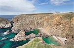 Coastal landscape at the Pointe du Van with the Chapelle Saint They, Peninsula Sizun, Finistere, Brittany, France, Europe