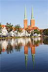 Cathedral reflected in the River Trave, Stadttrave, Lubeck, Schleswig Holstein, Germany, Europe