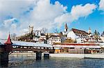 Spreuerbrucke, covered wooden bridge over the River Reuss, Lucerne, Switzerland, Europe