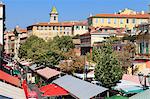 Outdoor restaurants set up in Cours Saleya, Nice, Alpes Maritimes, Provence, Cote d'Azur, French Riviera, France, Europe