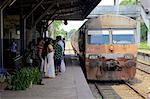 Train arriving at Negombo train station, Sri Lanka, Indian Ocean, Asia