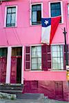 Chilean Flag Hanging from Window, Valparaiso, Chile