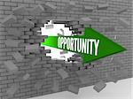 Arrow with word Opportunity breaking brick wall. Concept 3D illustration.