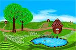 A fabulous summer illustration. Fields, flowers, beehives, lake, ducks, houses and more on this beautiful summer illustration. Digital art style.