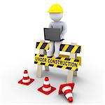 3d worker with laptop is sitting on an under construction sign