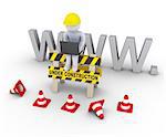 3d worker with laptop is sitting on an under construction sign in front of www letters
