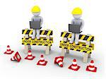 3d workers with laptops are sitting on two under construction signs