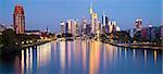 Panoramic image of Frankfurt skyline in the morning with the reflection of the city lights in Main River.