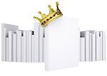 A white book and gold crown. Isolated render on a white background