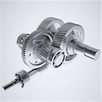 Metal shafts, gears and bearings. 3d render on gray background